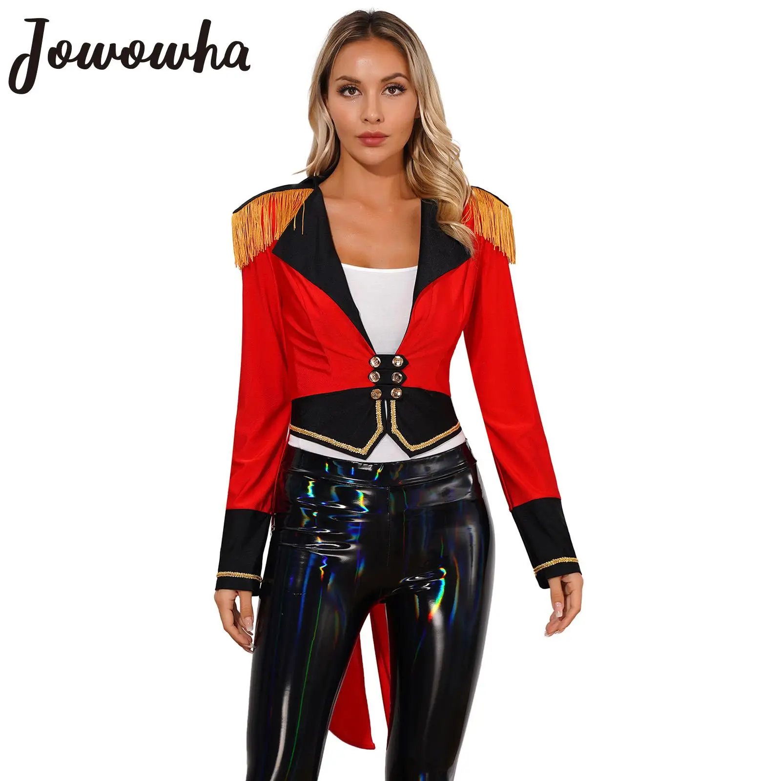 Womens Circus Ringmaster Cosplay Costume Long Sleeve Deep V Neck Tailcoat Halloween Theme Party Masquerade Role Play Outerwear