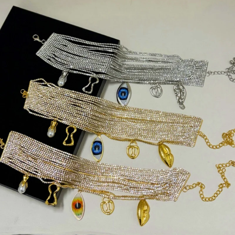 New Exaggerated Full-diamond Necklace Luxury Tassel Pendant Wide Super Sparkly Neck Chain Party Gifts Accessories