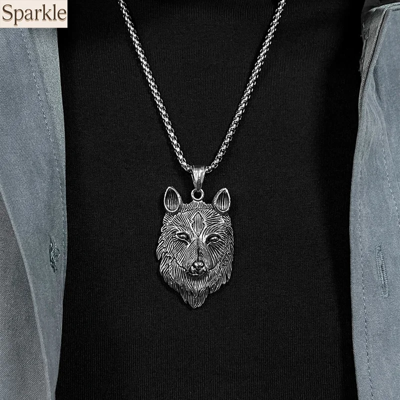 

Punk Rock Stainless Steel Wolf King Head Pendant Necklace Hip Hop Trendy Versatile Titanium Steel Chain Jewelry for Men Women
