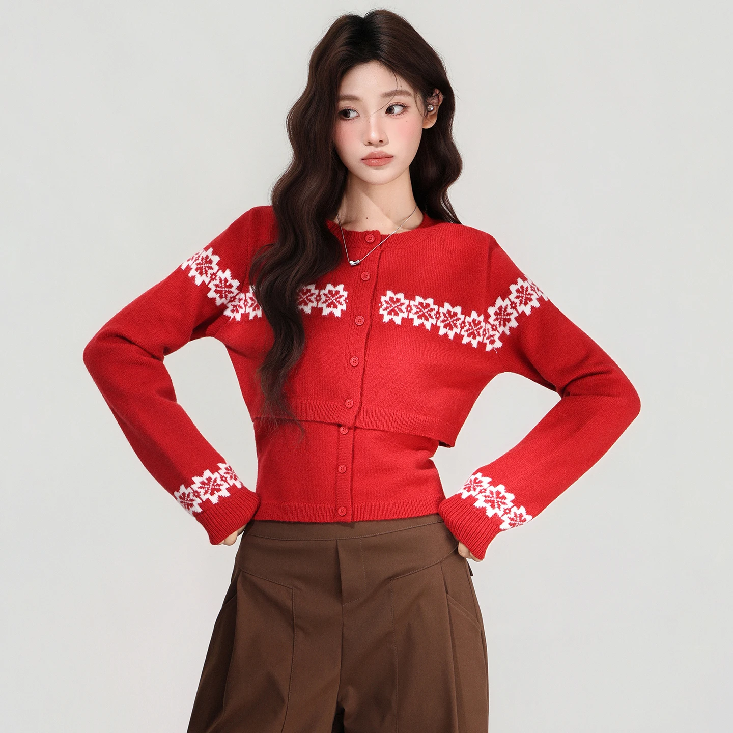 2025 Fer Island Cardigan de malha feminino outono e inverno olhar alça skinny top atmosfera conjunto de duas peças