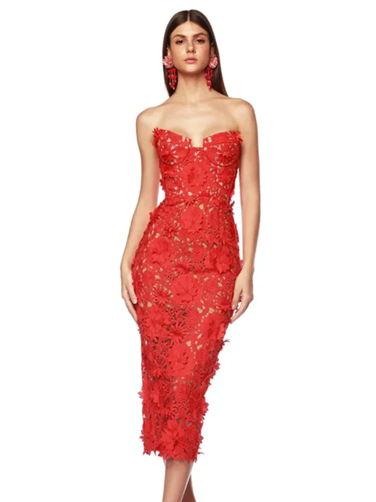 

2024 Women Summer Celebrity Summer Sexy Strapless Backless Red Lace Midi Bodycon Dress Evening Stage Performance Dress