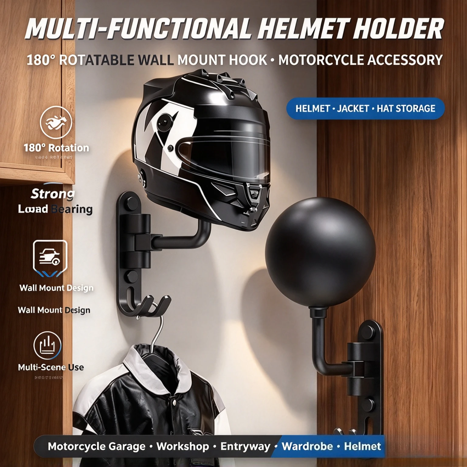 Motorcycle Helmet Wall Hook 180° Rotatable Multi Functional HelmetHolder Claw Hanger Mot Accessories for Helmet Hat Jack Storage