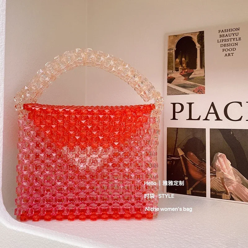 Acrylic Bead Square Bags Ladies Ins Splicing Design Chain Crossbody Handbag Handmade Summer Fashion Women's Bag Custom Color