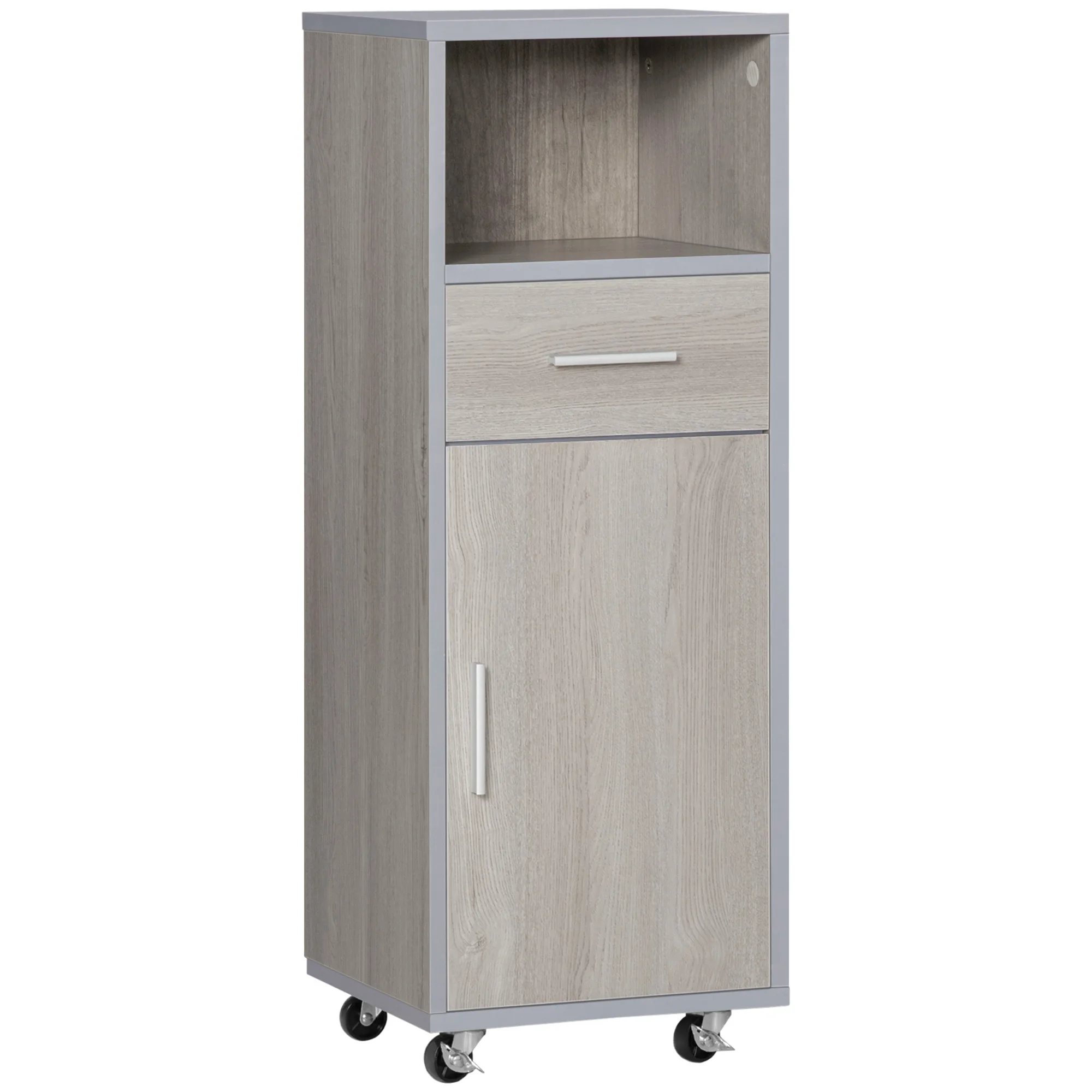 Kleankin bathroom cabinet with 1 drawer 1 door open shelf wheels 30x32x87 cm