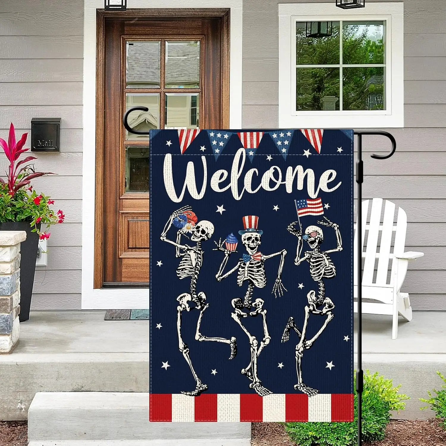 DLZDN 4th of July Skull Garden Flag Skeleton Garden Flag 12×18 Inch Double Sided Vertical Burlap Independence Day Memorial D PPZ