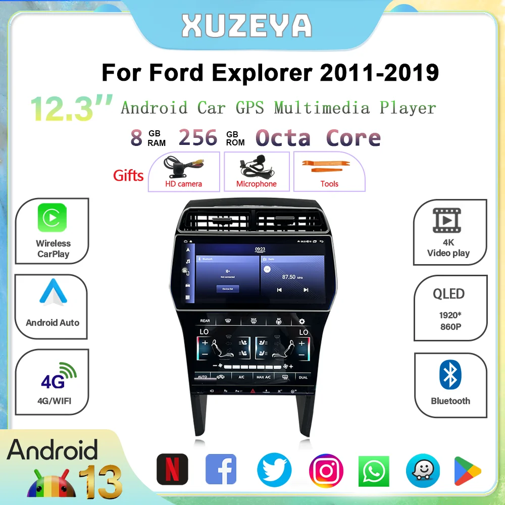 

12,3 дюймовый Android 13 для Ford Explorer 2011-2019 GPS Carplay 5G навигация HD360 камеры экран AC мультимедийный плеер