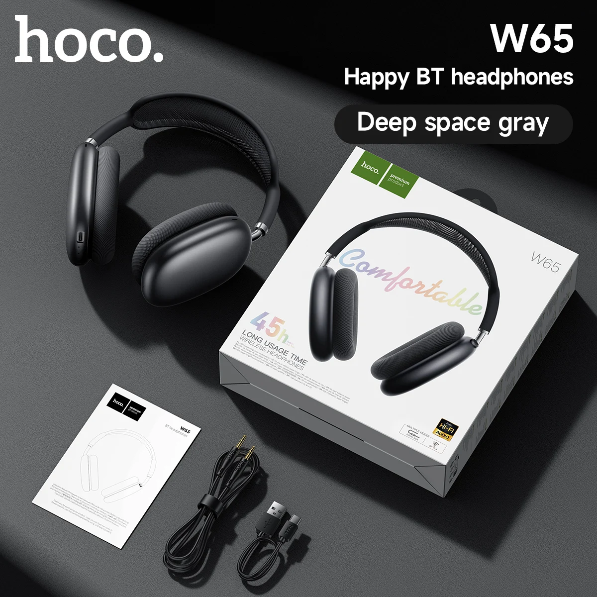 HOCO W65 Bluetooth-Kopfhörer, Over-Ear, kabellos, große Ohrhörer, HiFi-Sound, Sport-Headsets mit Lautstärkeregler, Air Earbuds Max – Detail 7
