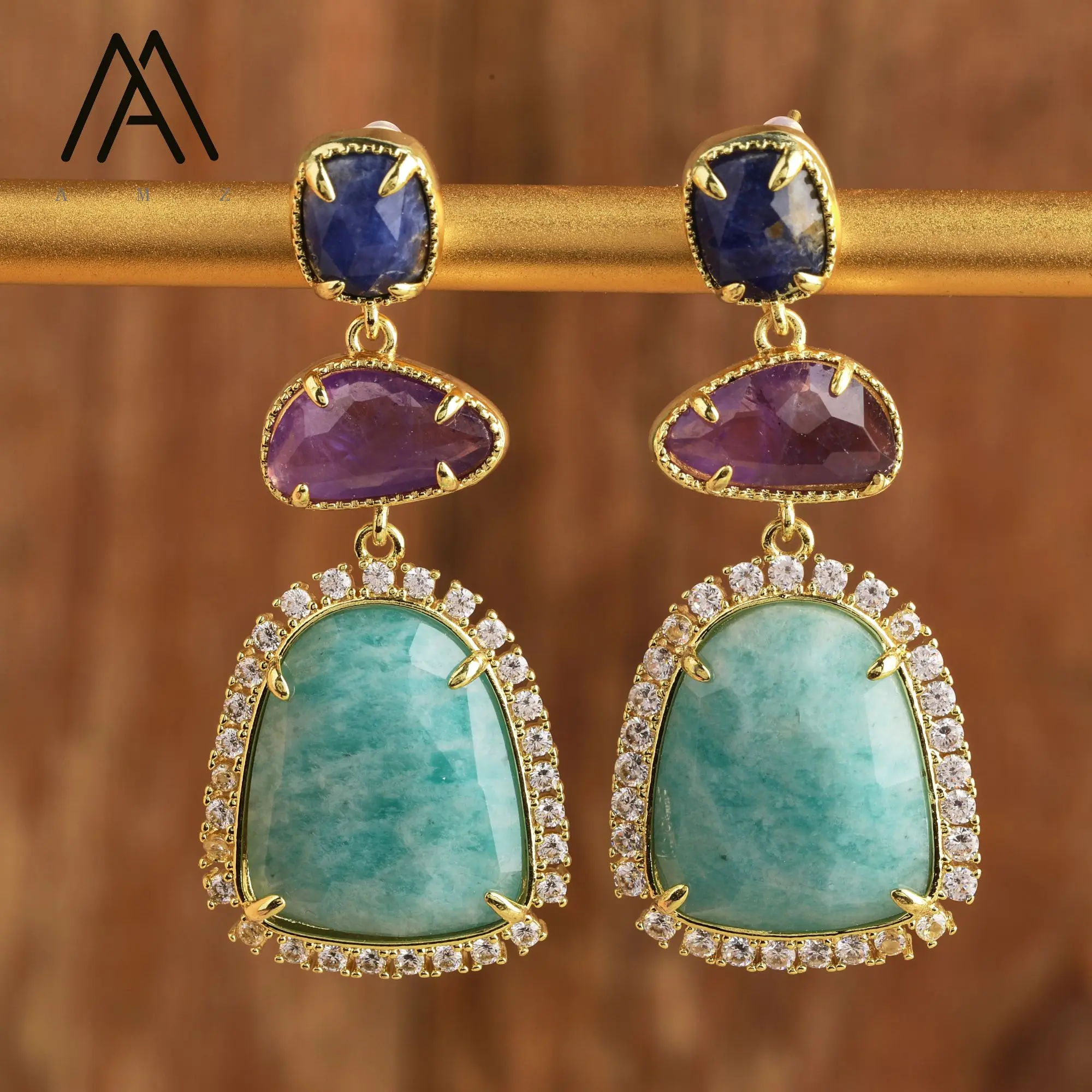 

Luxury Crystal Earrings Wedding Jewelry Healing Natural Gemstone Amethysts Amazonite Labradorite Stud Earring Gift to Women