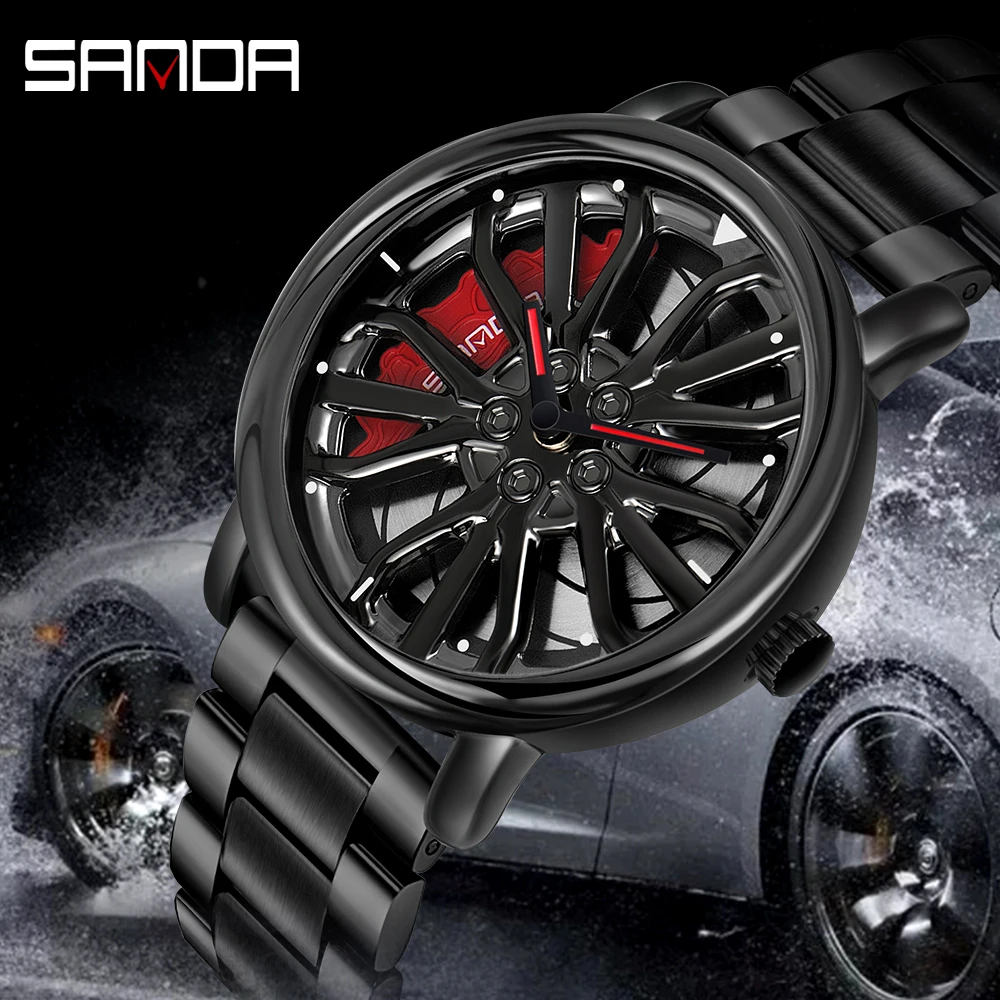 Men Fashion Hot Sell Car Rim Wristwatch 360 Degree Rotating Wheel Rim Dial Watches Stainless Steel Waterproof Sport Quartz Clock