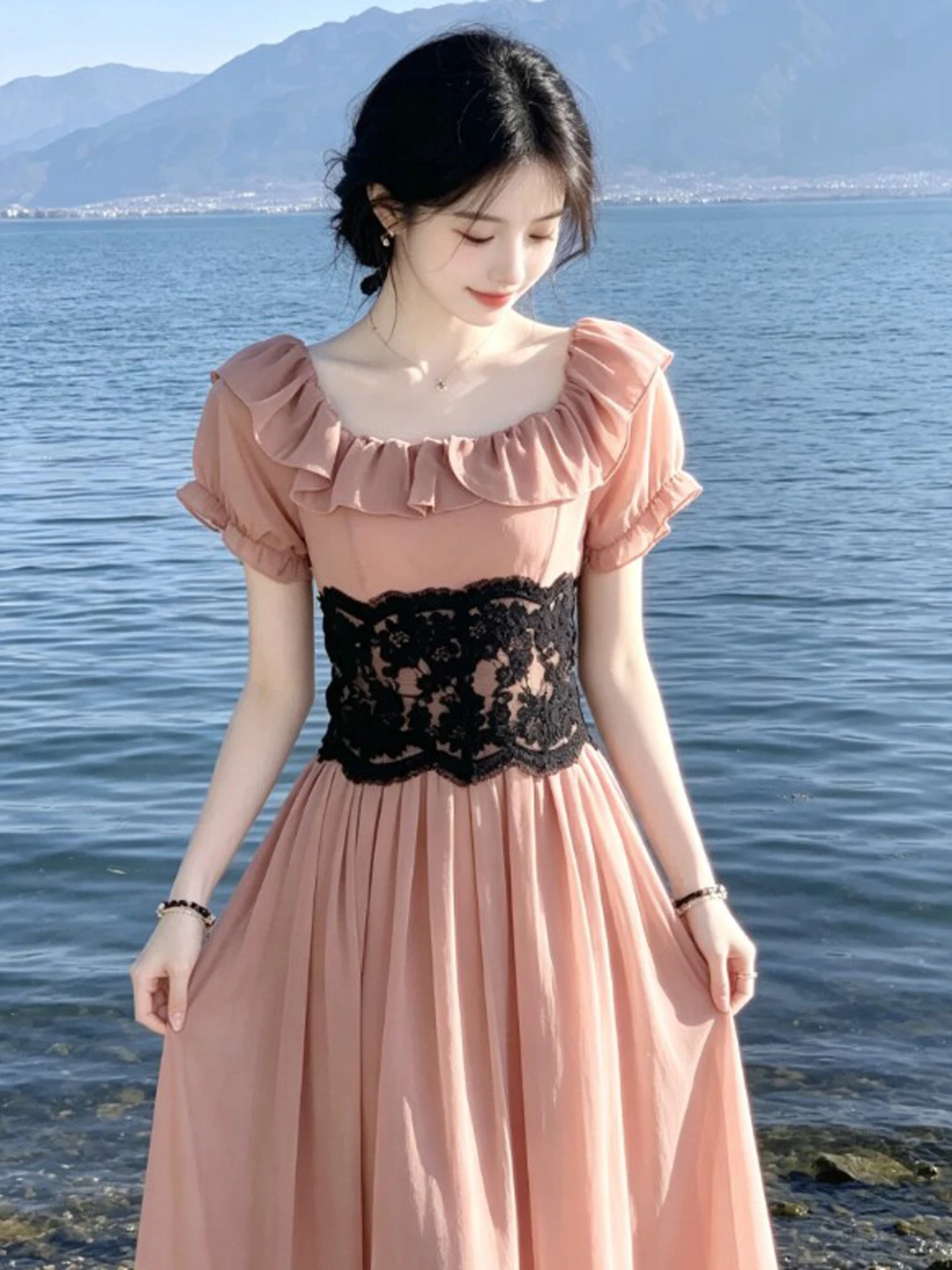 

Slimming Effect Waist-Cinching Dress Gentle Style Unique Design Summer Cotton Blend Short Sleeve Midi Fairy Skirt Dress