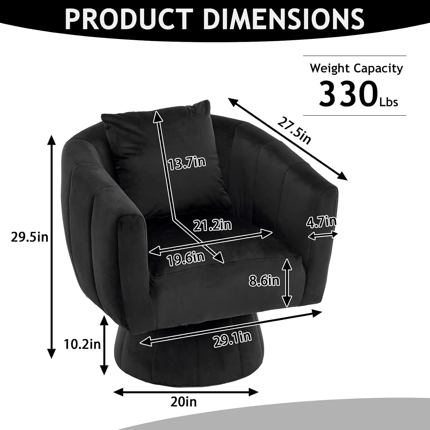 Velvet Swivel Barrel Chair, 360° Rotation Armchair With Fluffy Cushions, Wide Seat For Living Room & Bedroom, Black, Customized