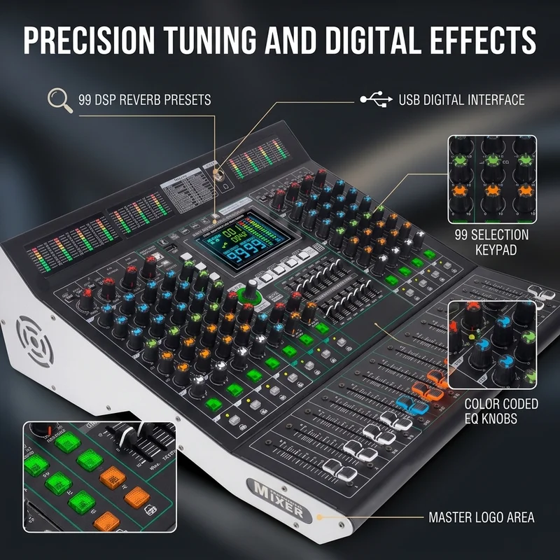 MD-10 10-Channel Professional Stage Mixer, 99 DSP Effects, USB, Wireless Connection, Independent EQ, Large LED Display, Ideal for Live Performances, Studio & Stage Users