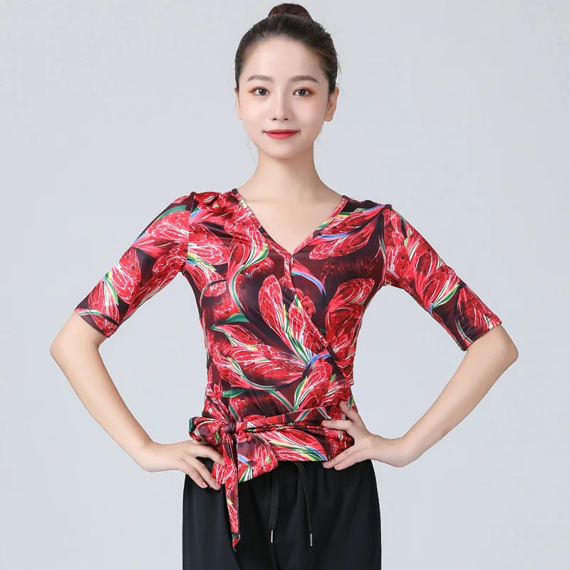 2024 New Print Top Modern Ballroom Dance Clothing Social Dancewear Latin Clothing Women\'s Top Summer Dance Practice Print Suit