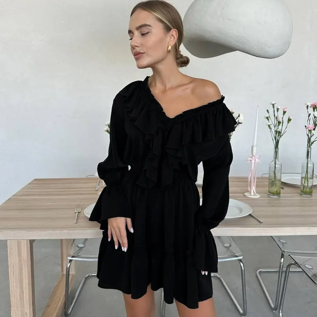 2024Summer New Fashion Design Women\'s Skirt V-neck Pull-out Pleated Flared Sleeve Ruffled White Dresses Y2k Vintage Female Dress