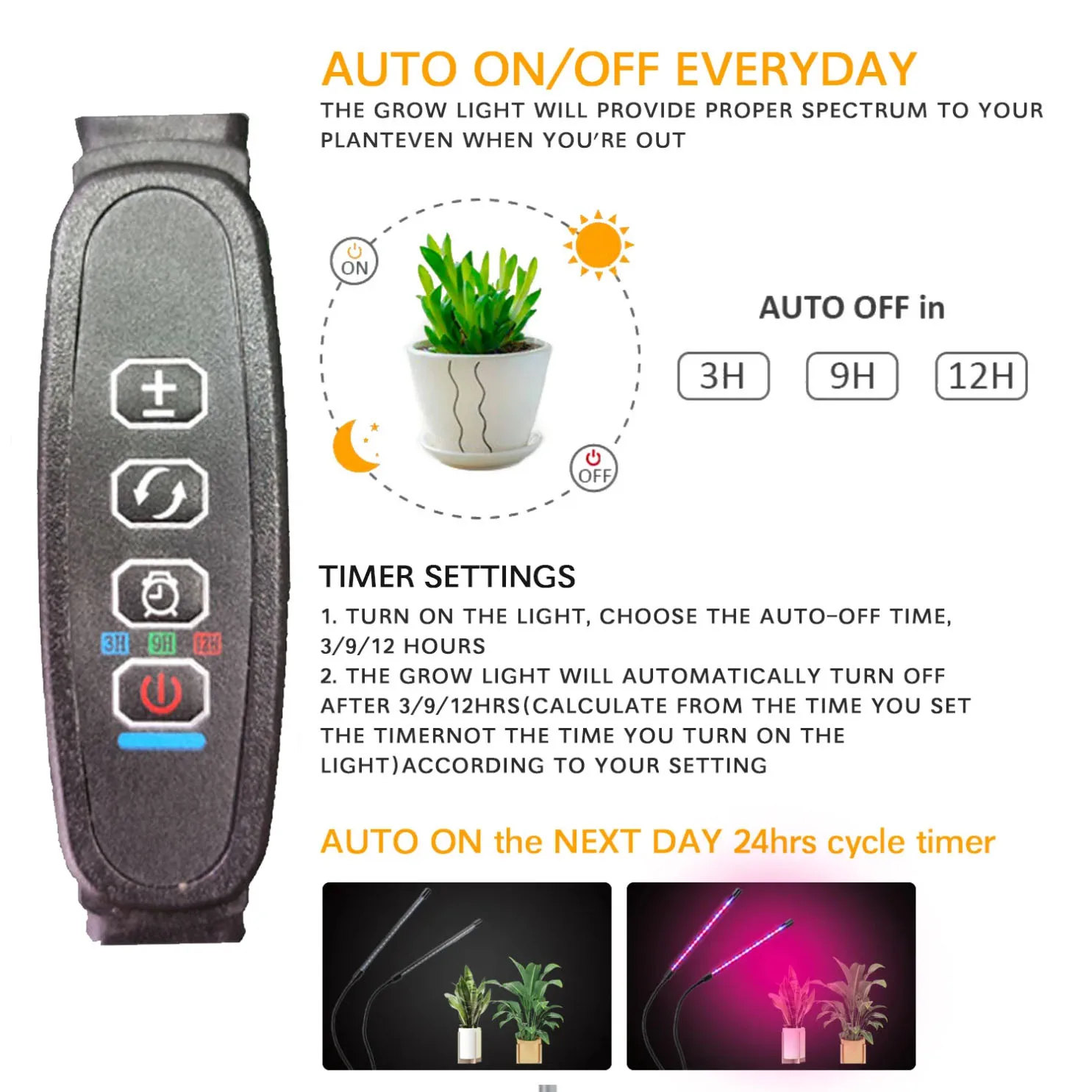 مشبك مصباح نمو النبات كامل الطيف، مفتاح الإضاءة الأحمر والأزرق، USB توقيت يعتم العناية بالنباتات وإضاءة النمو