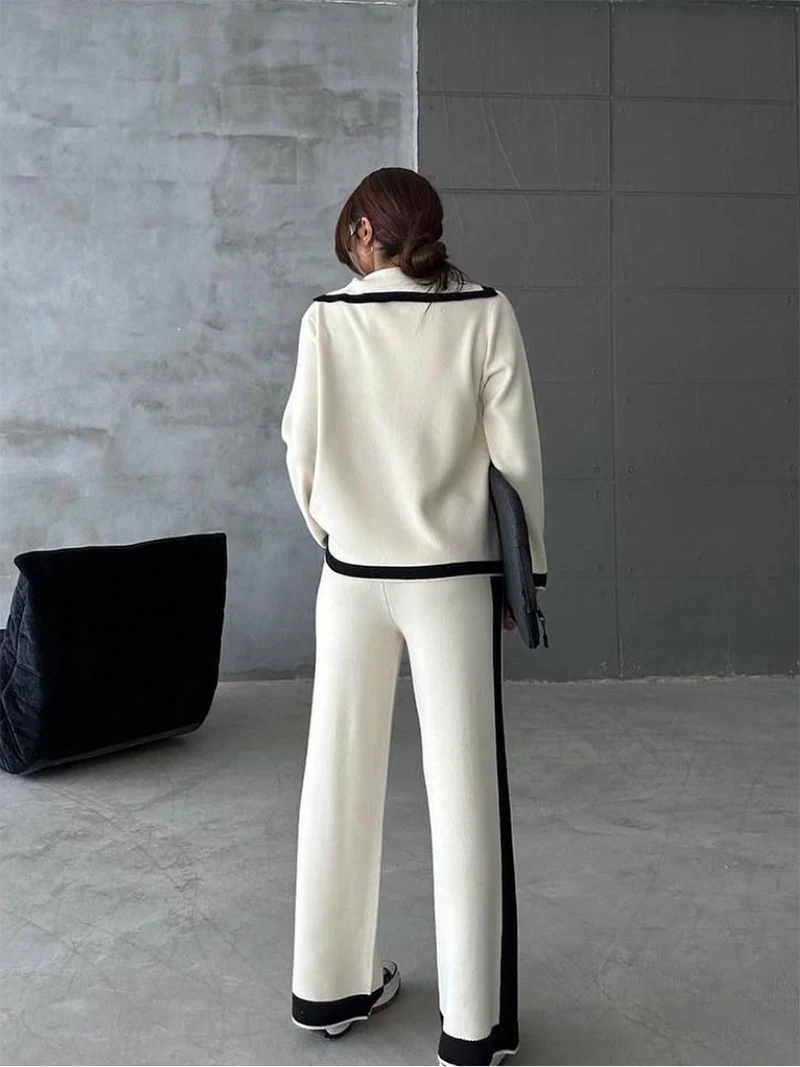 Elegant Knitted Blazer Set Women Black White Tracksuit Women Two Piece Set Casual Winter Knitted Two Piece Set For Women 2024