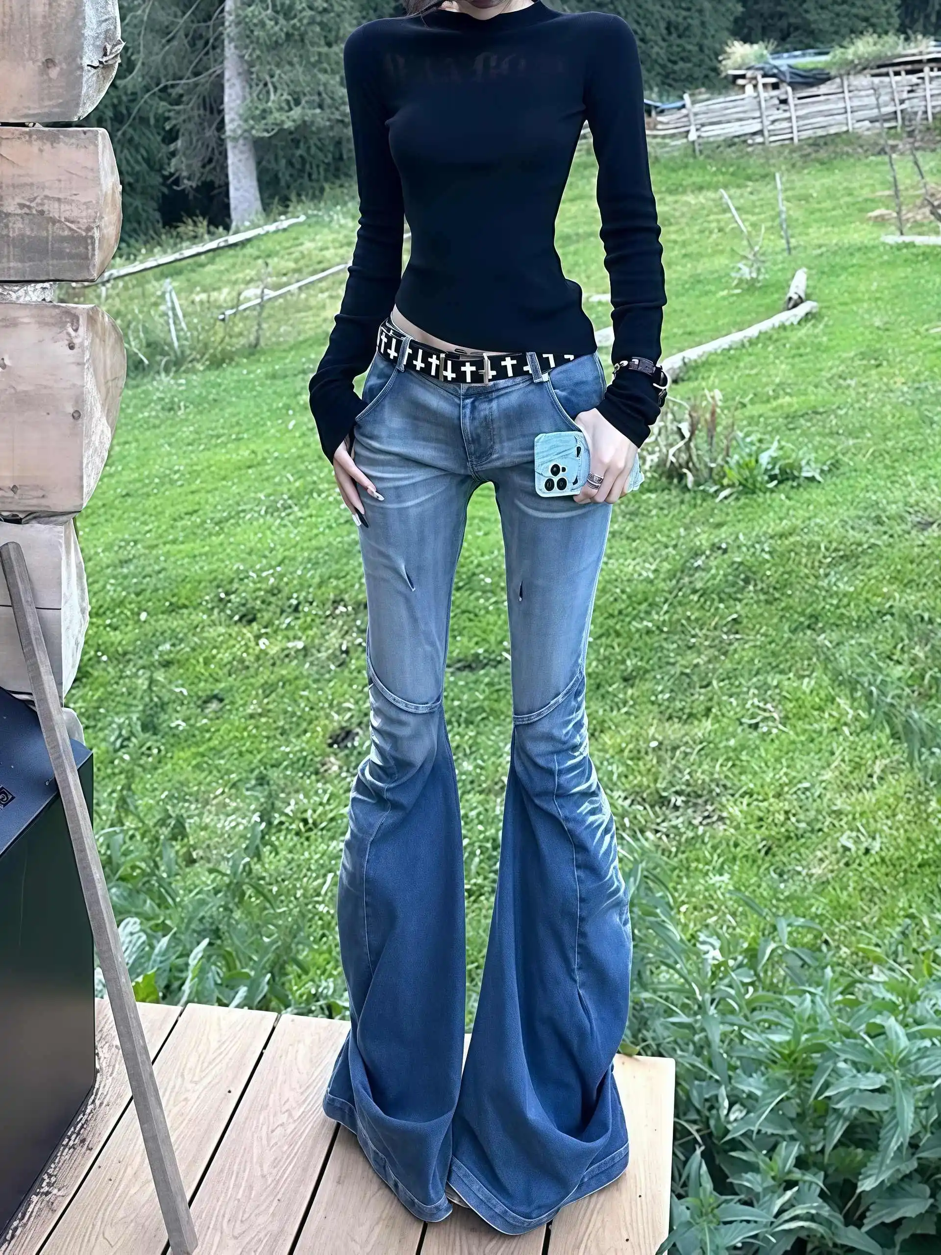 

Женские синие расклешенные джинсы-карго Y2k, винтажные джинсовые брюки в стиле Харадзюку, японский стиль 2000-х годов, джинсовые брюки большого размера, одежда, осень 2025 г.