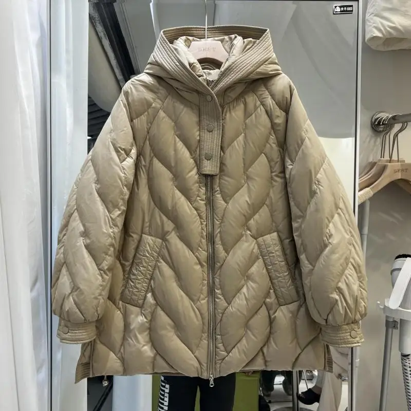 

White Du down Winter Coat Women's Hooded Medium-Length Cloak Thiened Faionable Trendy Outerwear Commute Sle Zipper Cl...
