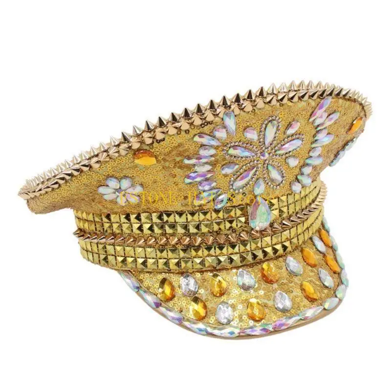 49MF スパンコール キャプテンハット クリスタルセーラーハット ディスコハウス カクテルパーティー 休暇用 キラキラクリスタル コメディアン俳優用