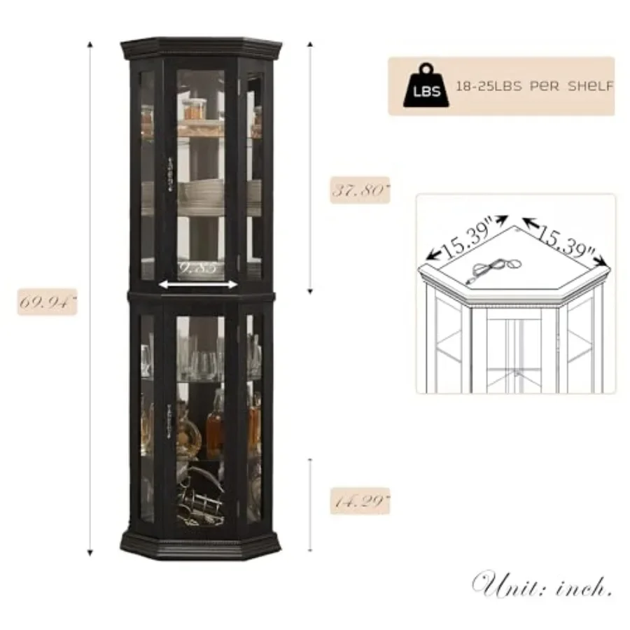 Corner curio cabinet with light bulb, tempered glass doors and shelves, floor-standing wine storage rack for bar and liquor dis
