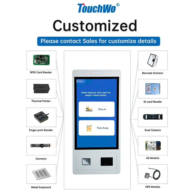 27 32 inch Windows/Android System Capacitive Touch Screen All In One Pc Self Service Ticket/Payment/Ordering Kiosk