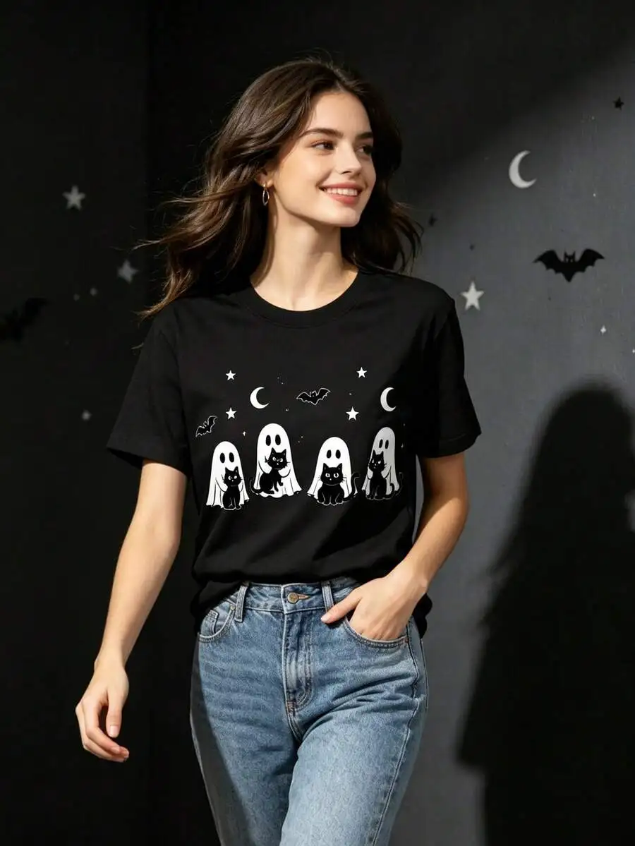 Halloween Casual Gift Graphic Tee Ghost Black Cat Summer Fall Theme Crew Neck Short Sleeve Casual Tops