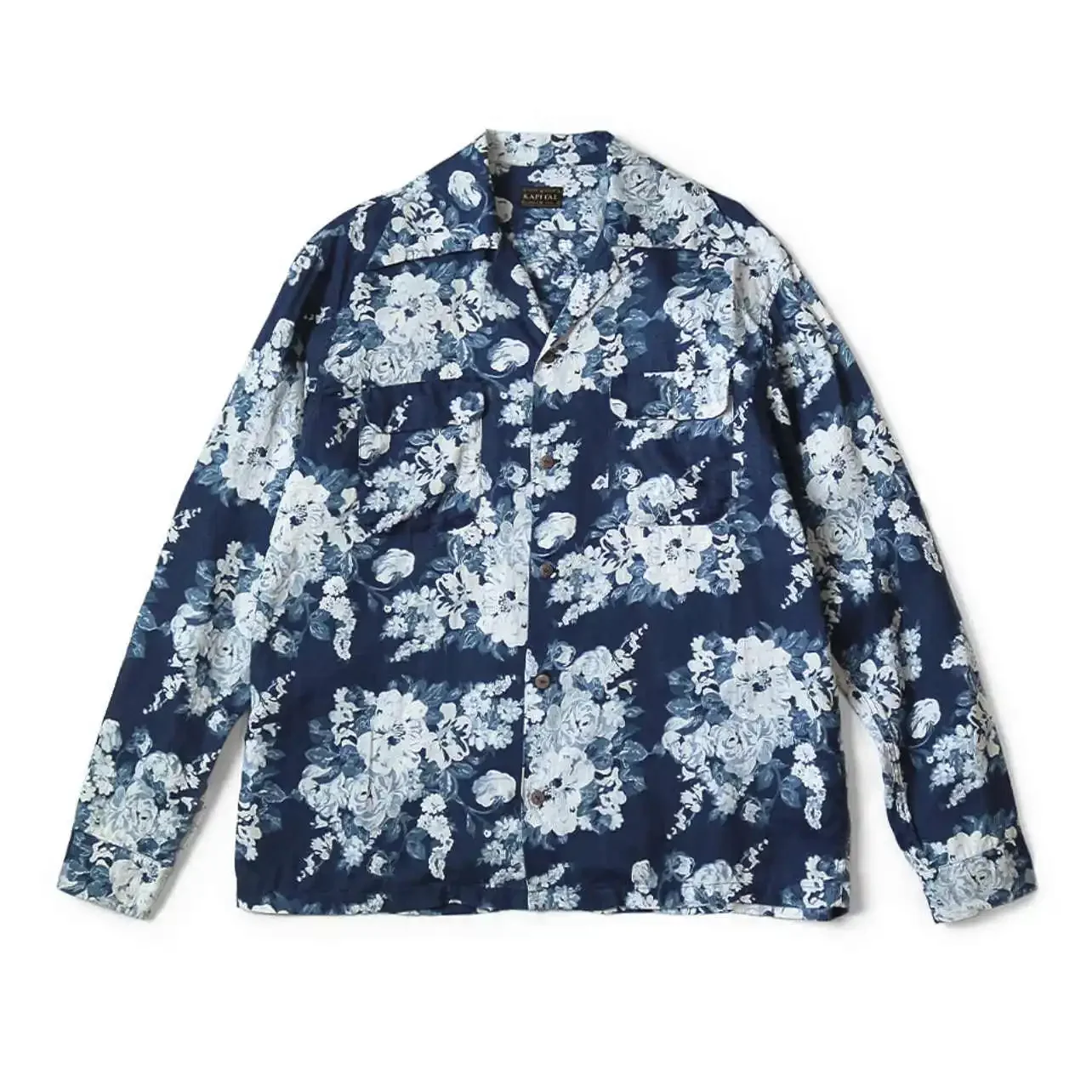 24AW KAPITALHirata and Hiroshi Japanese Casual Dye Blue Flower Breasted Loose Long Sleeved Shirt Jacket