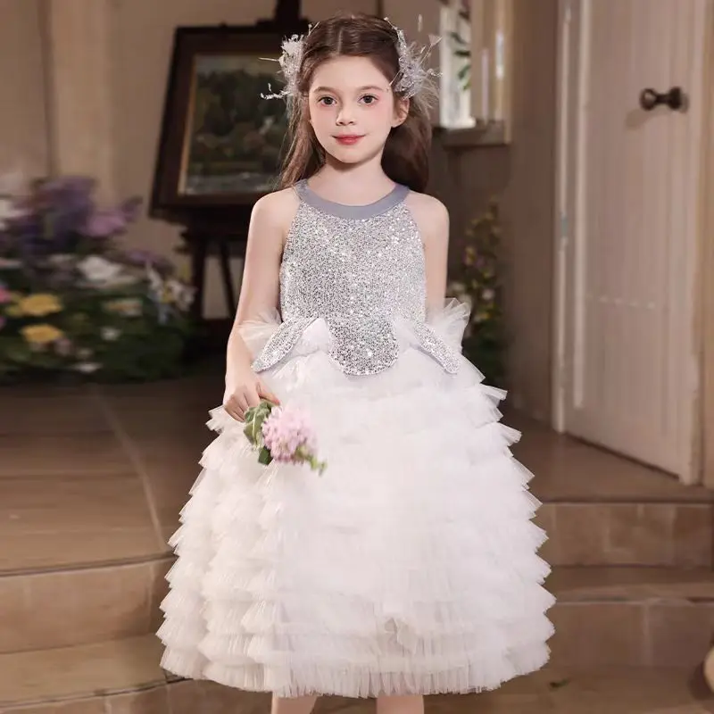 

Elegant Silver Shiny Flower Girl Dress Tiered A-Line Princess Kids Wedding 1st Birthday Performance Party Gown J431