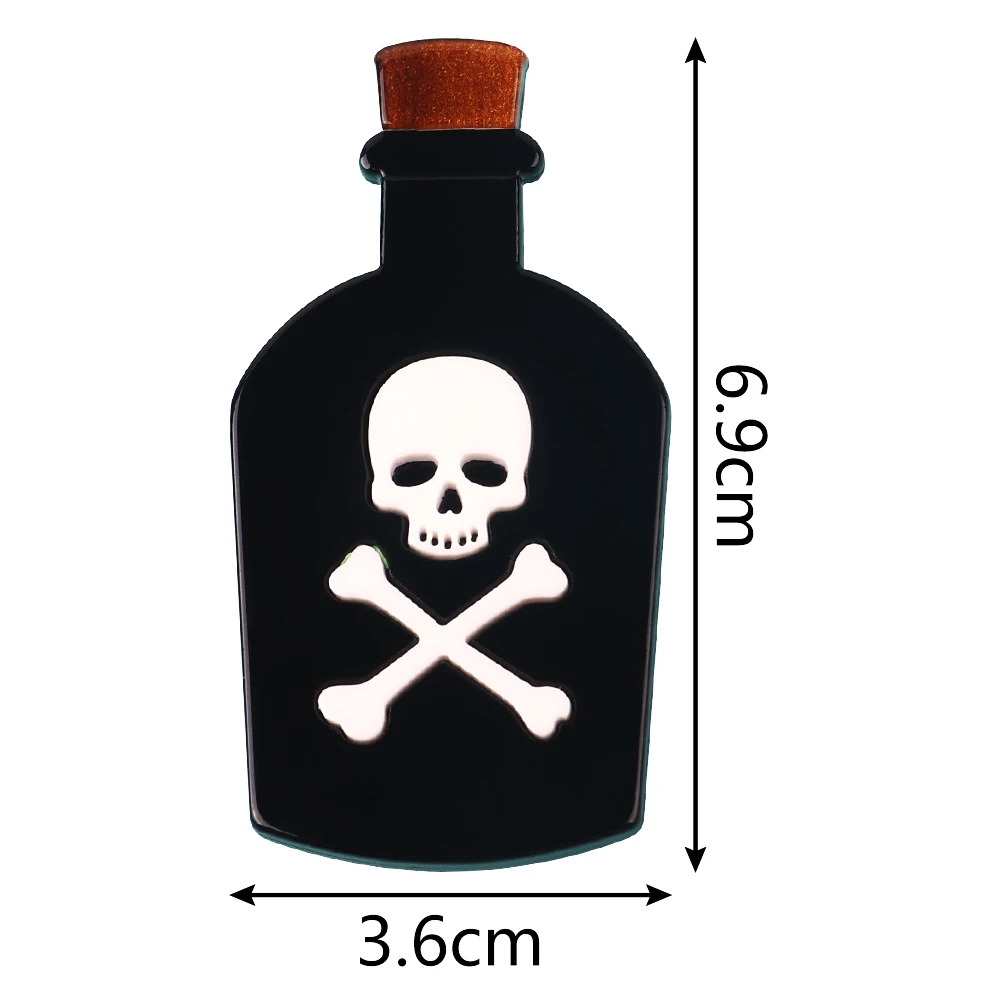 New Fashion Black Poison Bottle Acrylic Brooches Lapel Pins for Women's Clothing Gothic Punk Skull Bone Badge Brooch Pin Jewelry