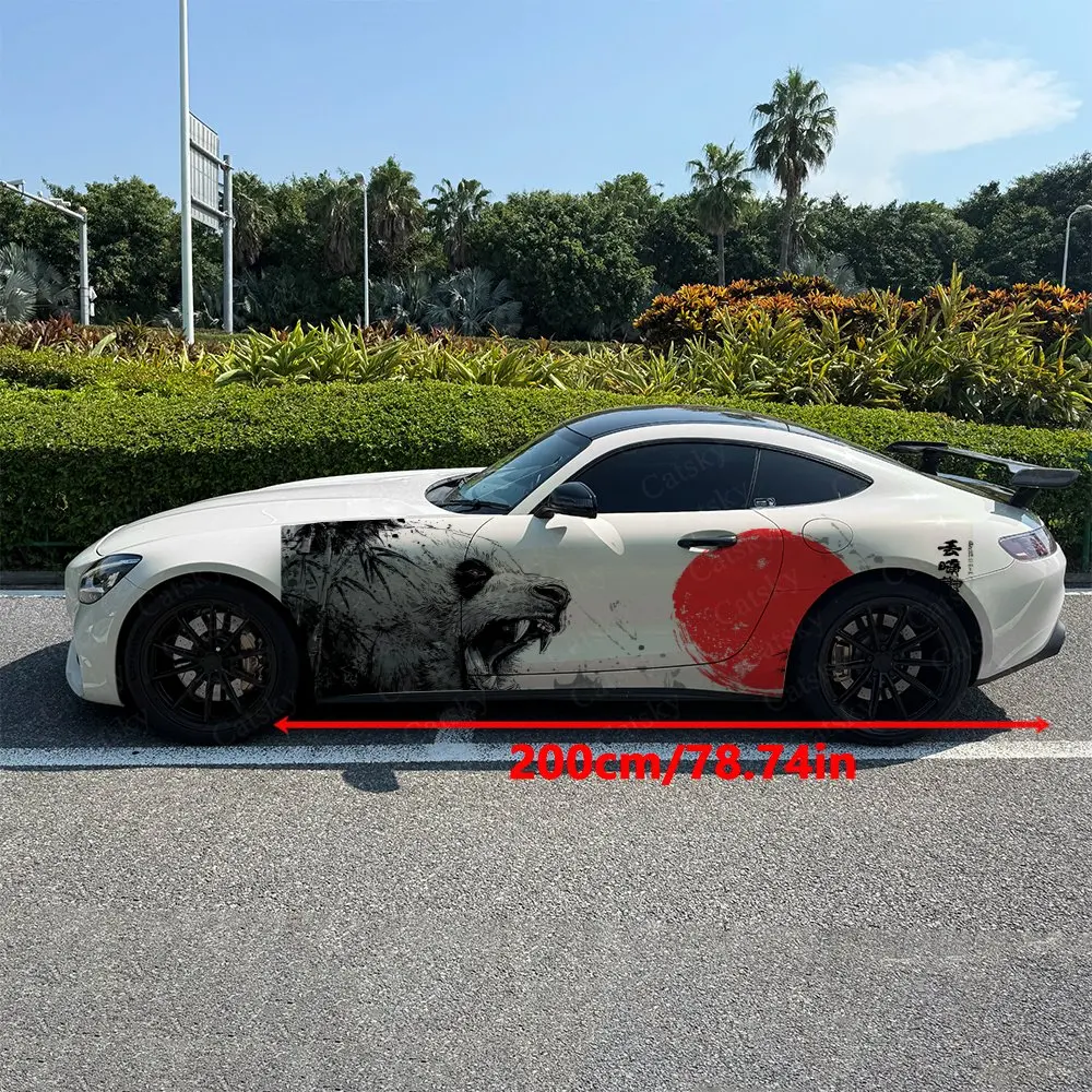 2pcs Ink Bamboo Eaves Sunset Panda Car Side Wraps, Self-Adhesive PVC Waterproof & Scratch-Resistant Stickers, Car Accessory Gift