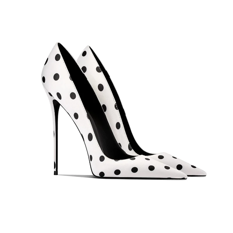 New pointed, thin heel, shallow mouth, white sole, black dot high heels for women's banquet temperament, versatile single shoes