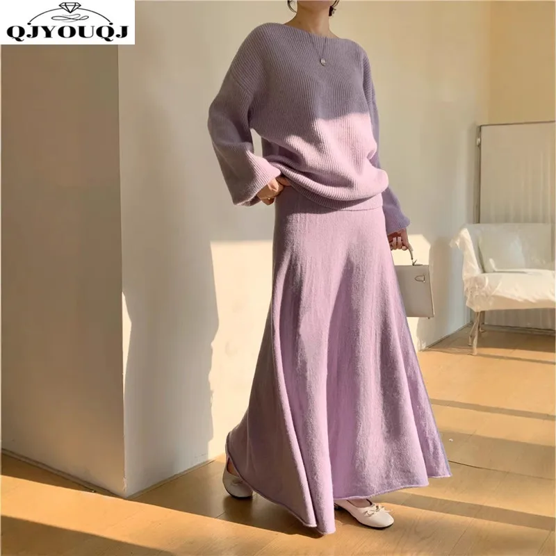

Autumn and winter new European and American style simple loose round neck knitted sweater+fashionable skirt two-piece set