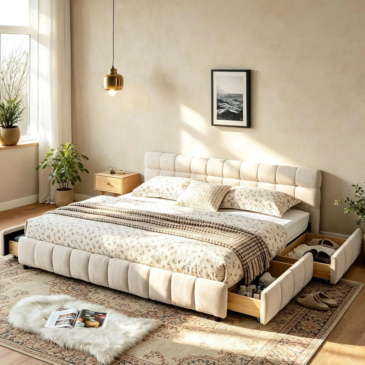 

Upholstered Platform Bed Frame, Low Profile Chenille Bed with Headboard, Modern Solid Frame, No Box Spring Needed,, Customized