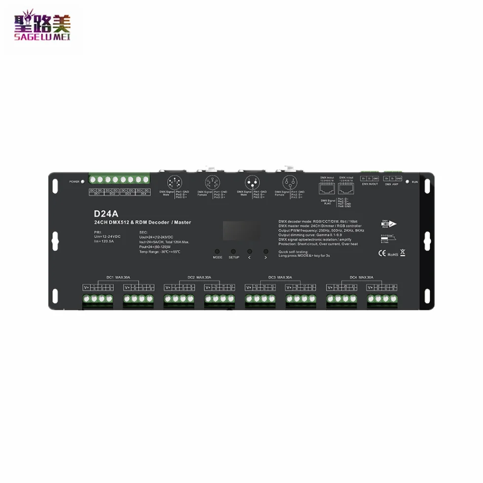 

24CH*5A 12V-24VDC CV OLED DMX Decoder D24A 24 Channels RDM DMX Decoder Four y 250/500/2000/8000Hz PWM Frequency For LED Light