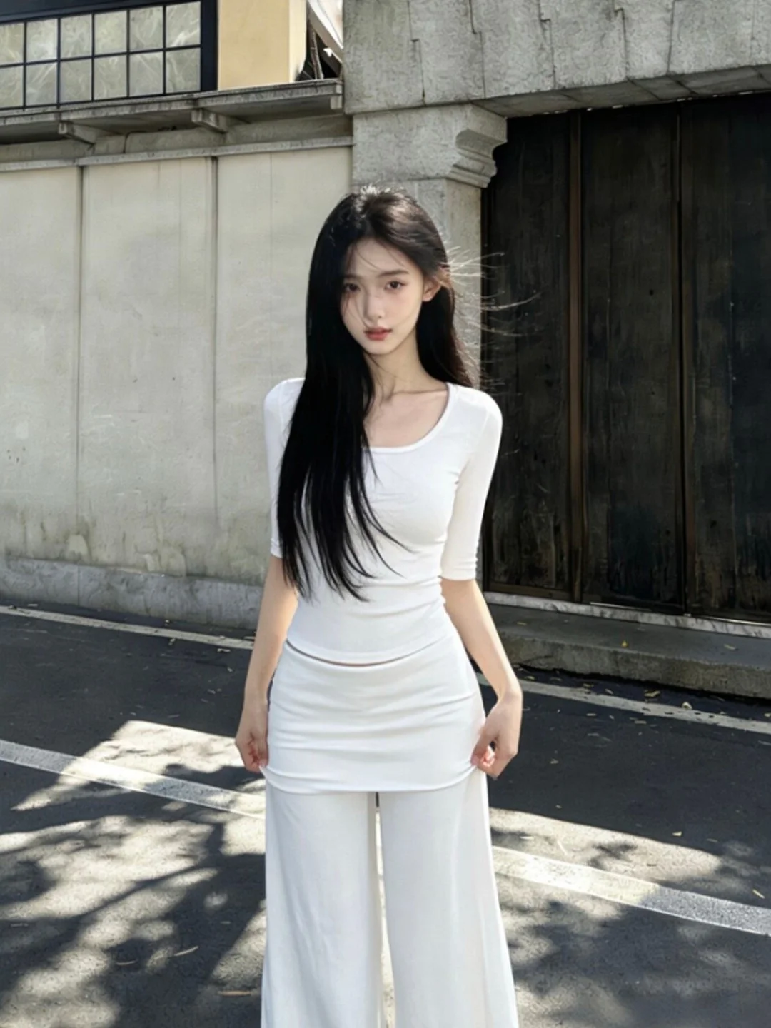 

Korean Style White Top Wide Leg Pants Two Piece Set Elegant Summer New Arrival Comfortable Cotton Material Regular Fit
