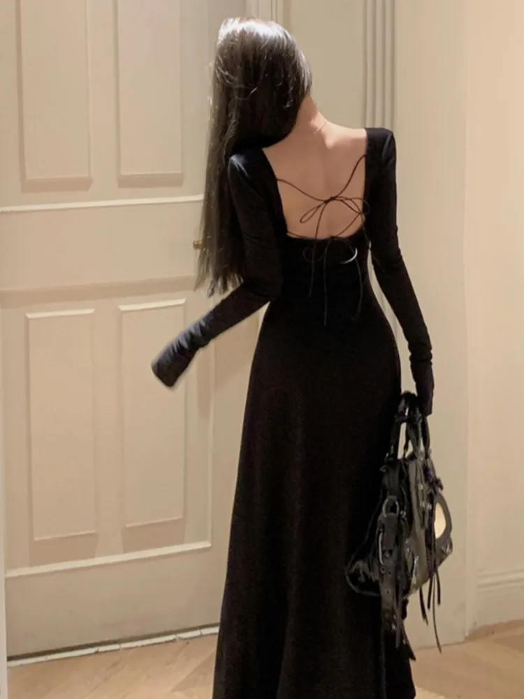 

Vintage Sexy Backless Bandage Midi Dresses for Women Elegant Black Slim U-neck Long Sleeve Dress Autumn Female Fashion Vestidos