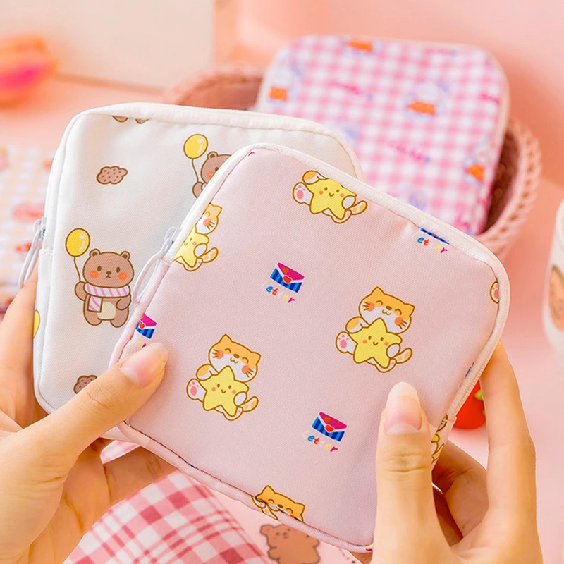 Women Girls Kawaii Cosmetic Makeup Tampon Napkin Pouch Storage Bag Coin Purse Sanitary Pads Bag Mini Data Cables Organizer