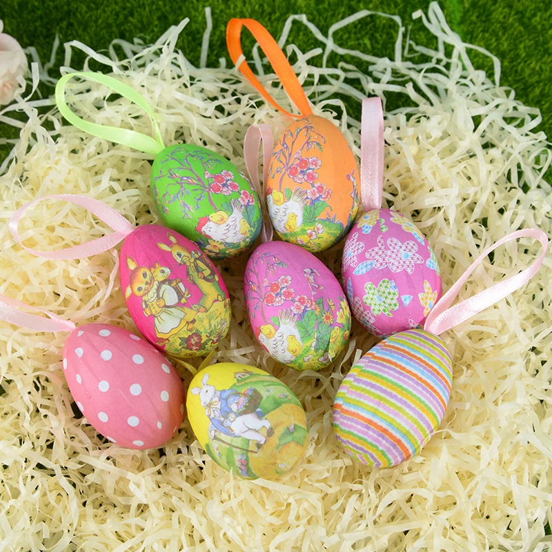 12pcs Easter Eggs Colorful Rabbit Painted Hanging Ornament DIY Easter Bunny Bird Egg Crafts for Home Happy Easter Party Supplies