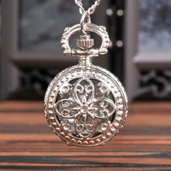 Fashion Flower Shaped Hollow Pocket Watch Vintage Women Quartz Pocket Watch Alloy Girl Chain Necklace Pendant Clock Gifts