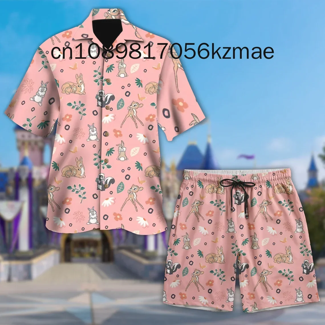 

2024 New Bambi Hawaii Shirt Shorts Set Casual Beach Vacation Short Sleeve Set Disney Beach Shorts Retro Button Shirt