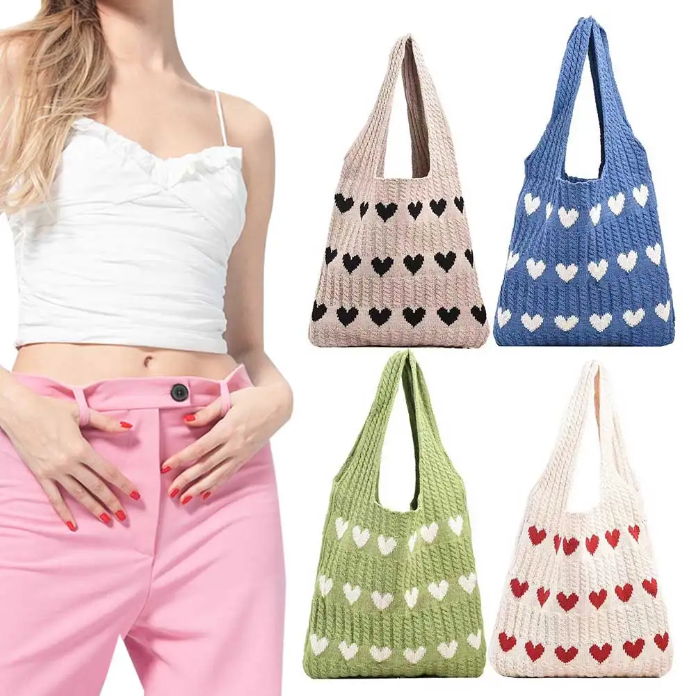 

Women Knit Love Tote Bag Color Blocking Lightweight Handbag Large Capacity Crochet Satchel Bag Armpit Hobo Bag Commuting Bag