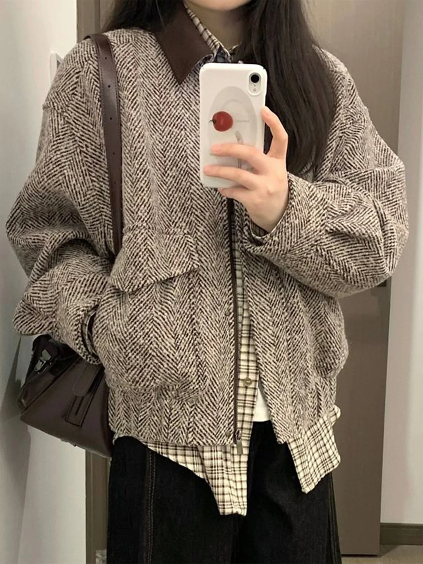 

American Retro Collar Jaet Women's Autumn New Design Small Size Loose Versatile Casual Baseball orm ort Outerwear