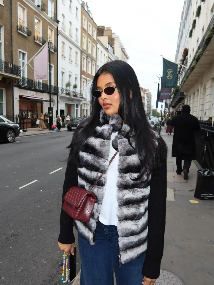 Kunstpelz-Patchwork-Damen-Wintermantel, luxuriöser Stehkragen, Reißverschlussjacke, Spleißen, Strickärmel, Oberbekleidung, 2025, neue Damenmäntel