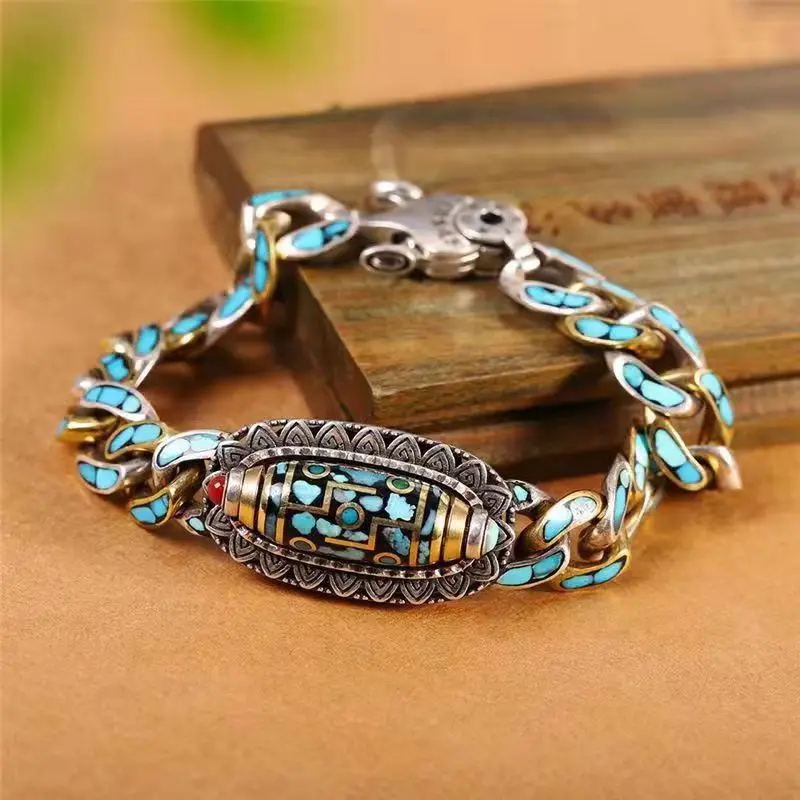 EZeasy Nine Eyes dZi Man Bracelets Fine Jewelry Turquois Religious Holy Pendant Man's Strand Tibetan Buddhism Evil Eye gZi Beads