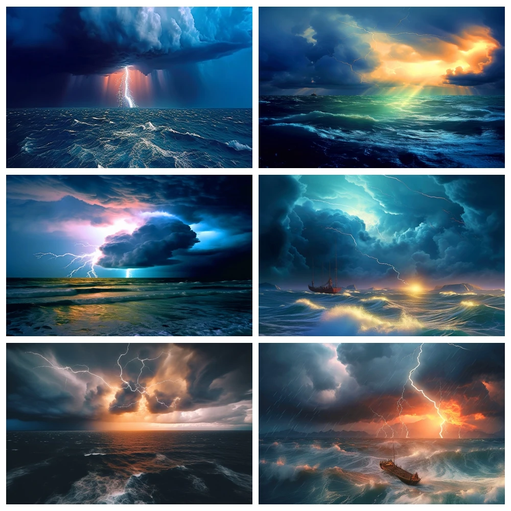 Sea Storm Photography Backdrop Deep Blue Ocean Dark Cloud Lightning Waves Bad Weather Abstract Natural Night Scenery Background