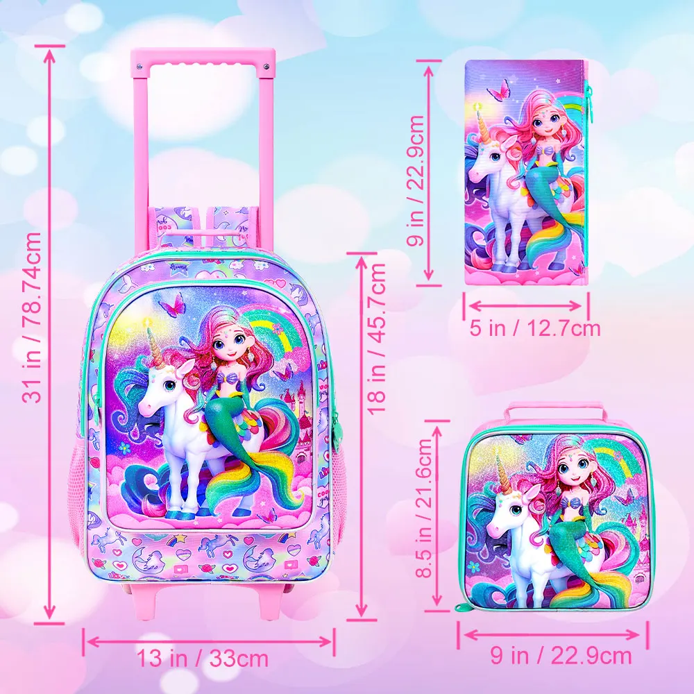 3PCS Tas Ransel Beroda untuk Anak Perempuan, Tas Sekolah Beroda dengan Tas Makan Siang - Unicorn dan Putri Duyung