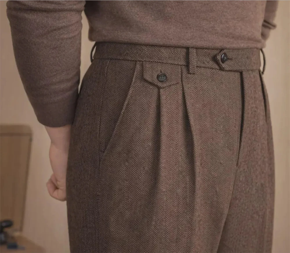 

Elegant Men’s Herringbone Suit Pants Vintage British Style Casual Trousers Tailored Formal Pants