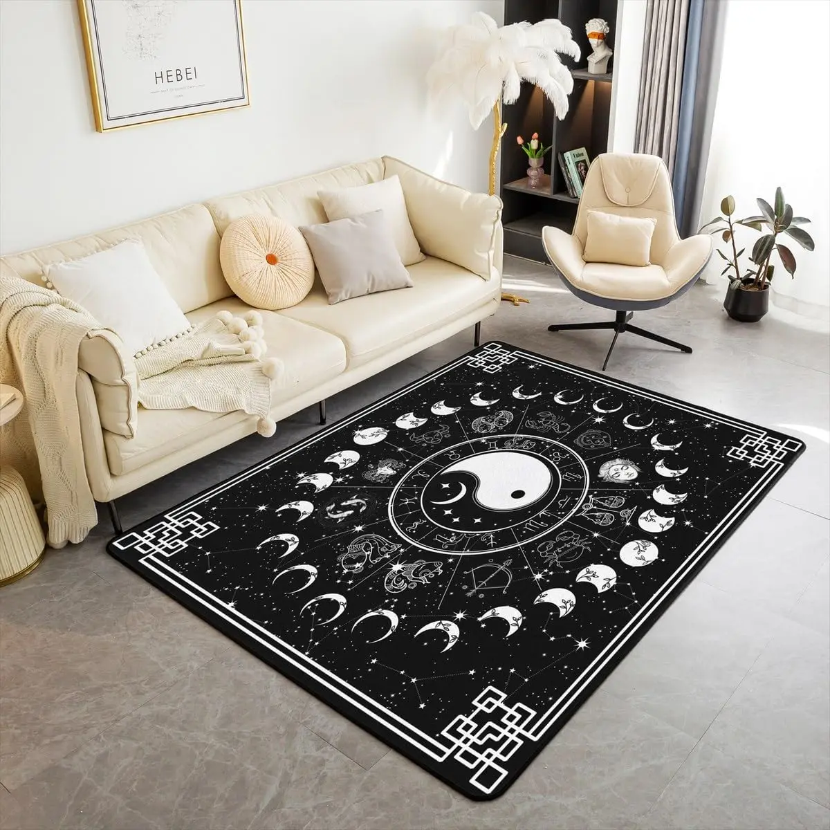 Erosebridal Sun and Moon Area Rug,Twelve Constellations Zodiac Rug，Moon Phase Carpet,Yin and Yang Starry Night Astrology