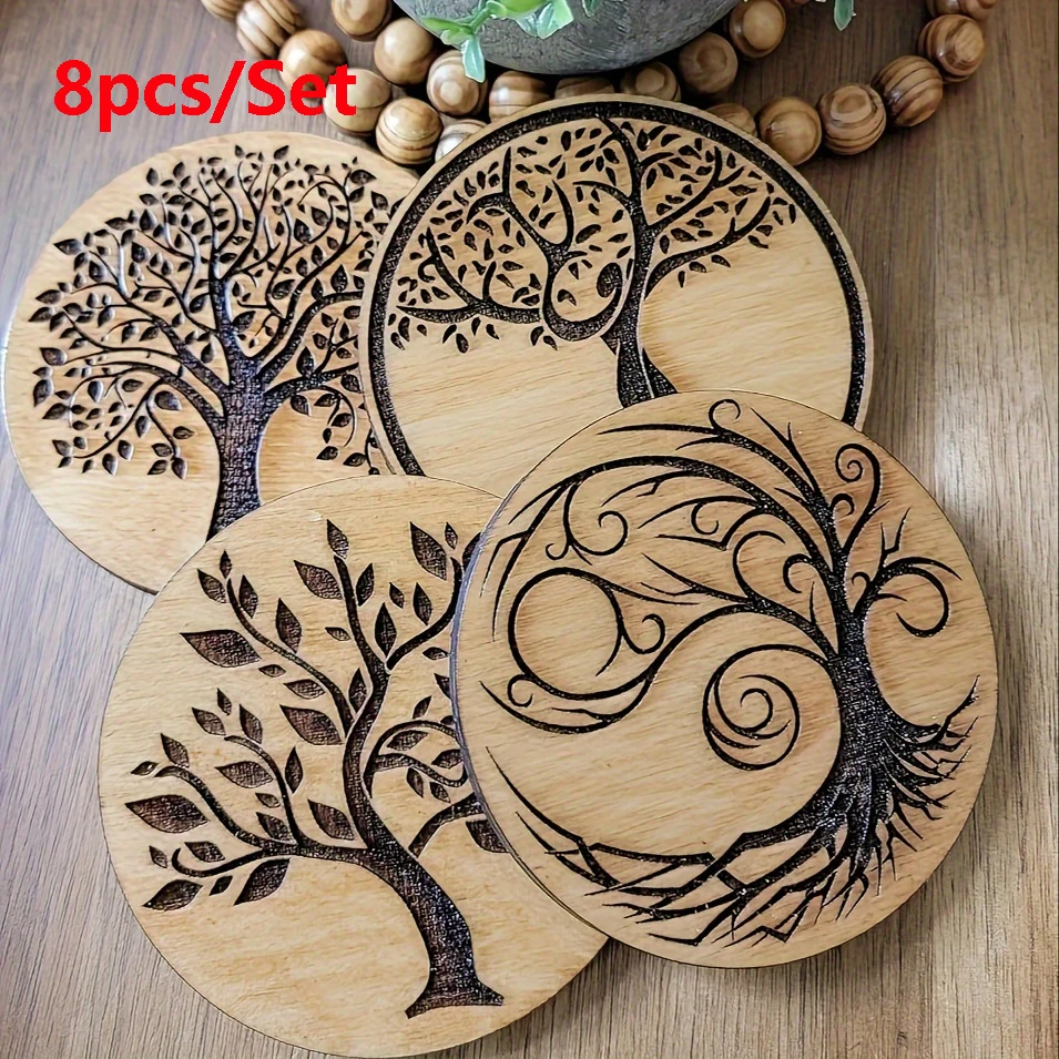 8pcs Rustic Wood Coasters For Nature Lovers Tree Of Life Decor Coasters Coffee Table Decor Functional Coaster For Bar Kitchen