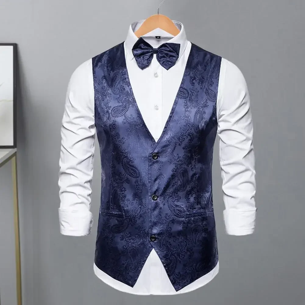 Men Suit Vest Formal Vintage Print Single-breasted V Neck Buttons Sleeveless Slim Fit Cardigan Groom Wedding Emcee Performance W